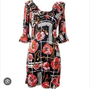 Trina Turk Flutter Sleeve Silk Mini Dress In Pink & Black Floral Print Size 4